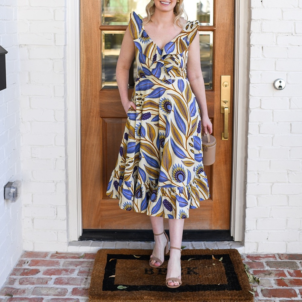 Sika V-Neck Midi Dress in Ivory Leaf